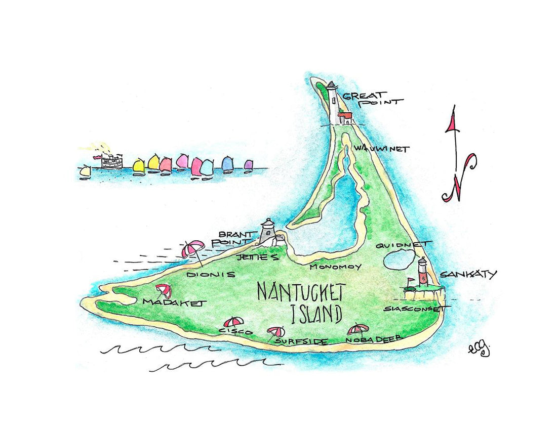  Nantucket Island Watercolor Map Design by Front Porch Studios Nantucket
