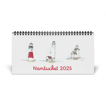  A watercolor of the three Nantucket lighthouses on a desktop calendar