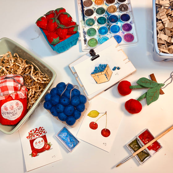 Pint of Strawberries Framed Watercolor, Ornament & Ceramic Basket