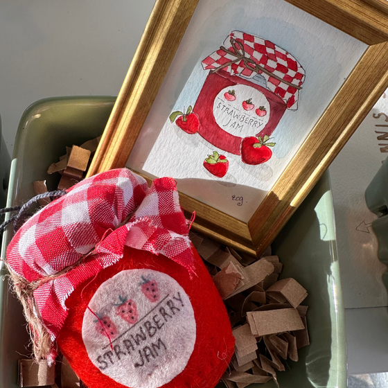 Strawberry Jam Framed Watercolor, Ornament & Ceramic Basket