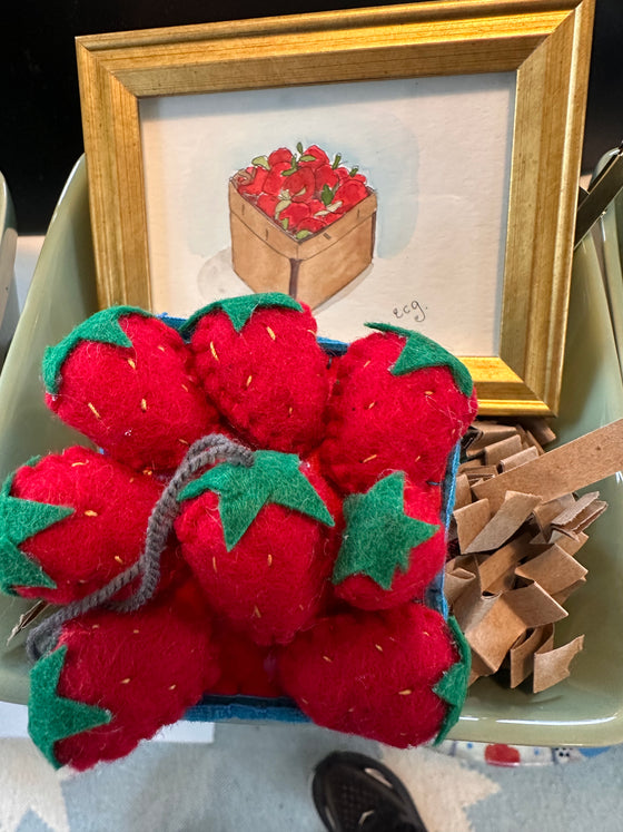 Pint of Strawberries Framed Watercolor, Ornament & Ceramic Basket