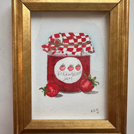 Strawberry Jam Framed Watercolor, Ornament & Ceramic Basket