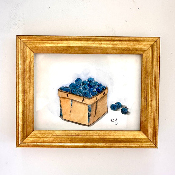 Pint of Blueberry Framed Watercolor, Ornament & Basket