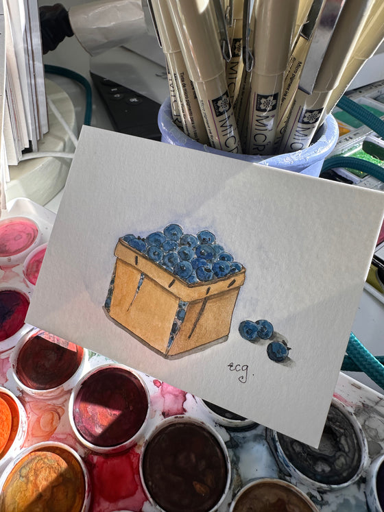 Pint of Blueberry Framed Watercolor, Ornament & Basket