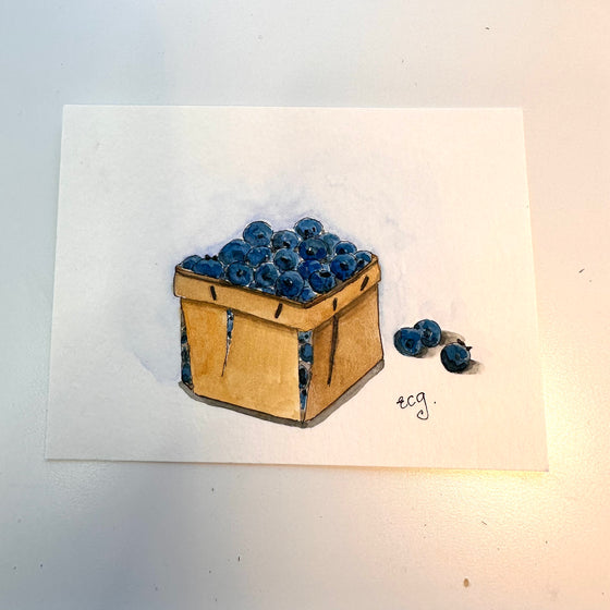 Pint of Blueberry Framed Watercolor, Ornament & Basket